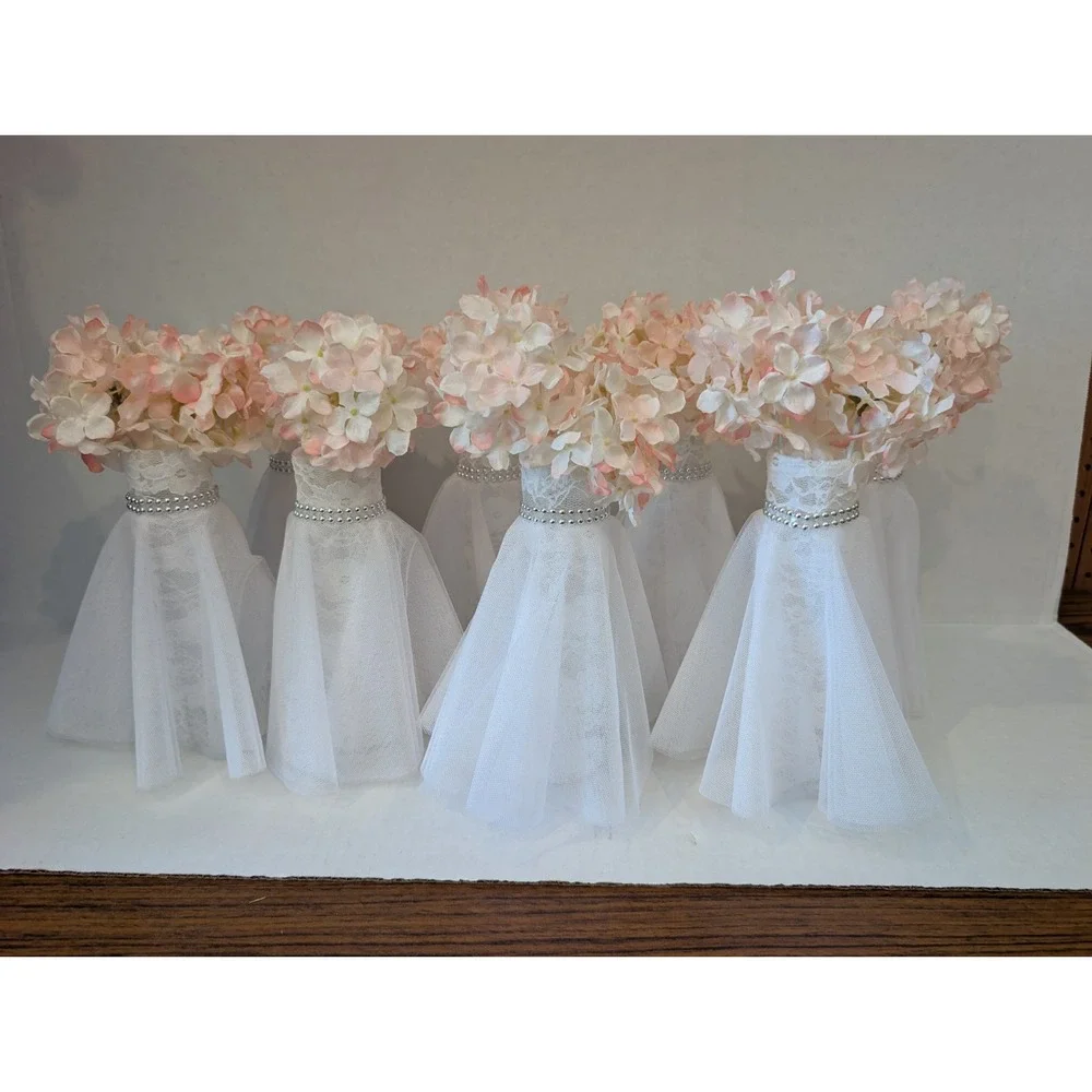 Set of 8 Blush Pink Wedding Centerpieces, Lace Tulle Vase Decor, Romantic Floral